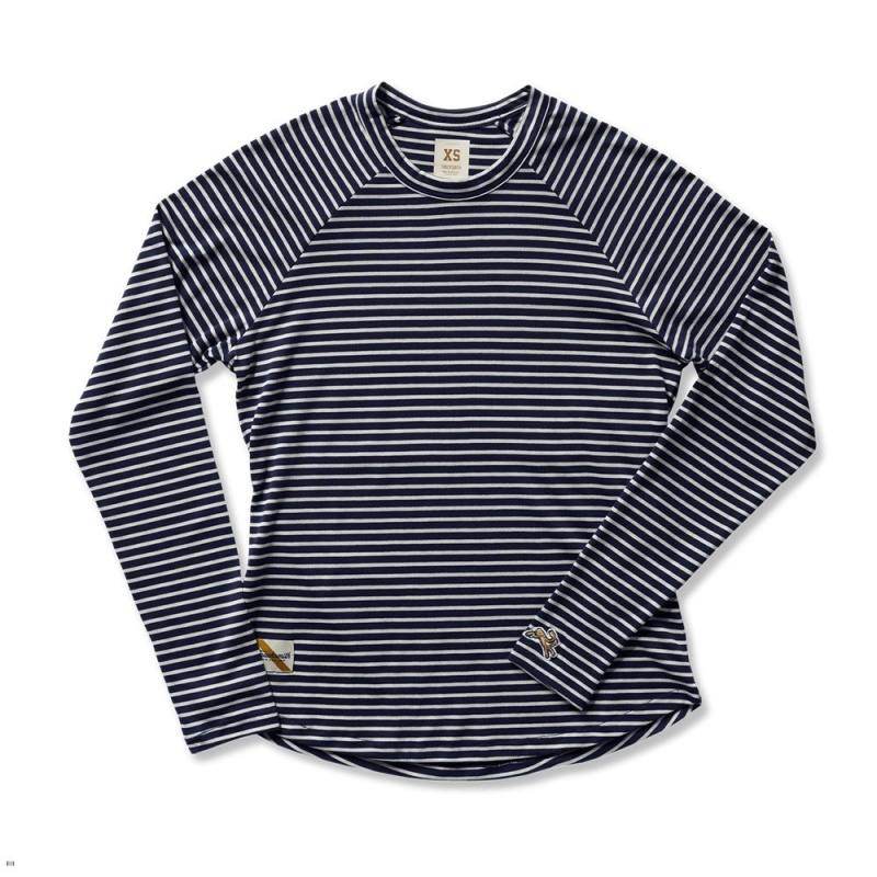 Chemises Tracksmith Horizon Long Sleeve Bleu Marine Blanche Femme France | OXR-58050576